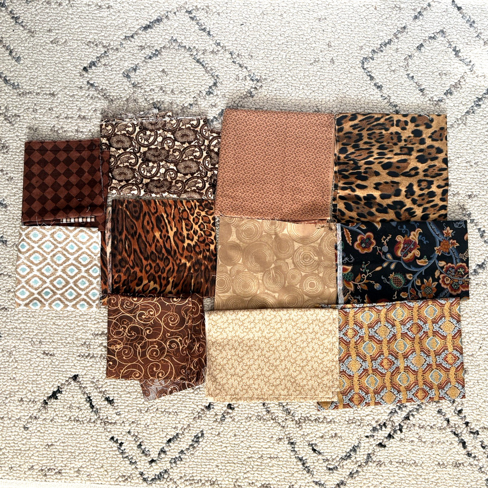Various Quilting Fabric Yard Remnants Cotton Poly Multi Color Browns Lot Of 9